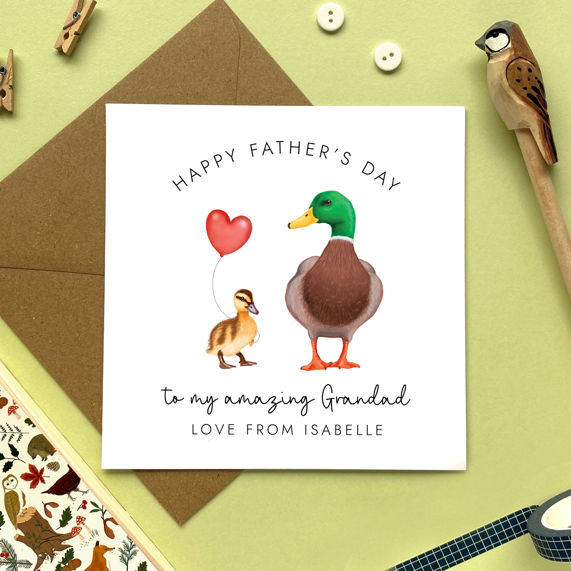 personalised duck fathers day card - to a special dad, daddy, dada, grandad, grandpa, papa - from son, daughter, cute, unique, special, handmade - mallard, wildlife, duckling