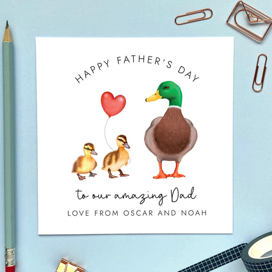 personalised duck father's day card - happy fathers day, for a special dad, daddy, dada, grandpa, grandad, stepdad - from baby, bump, toddler, child, children, kids, son, daughter, grandson, granddaughter - sentimental, cute, special, unique - twins, two children, two kids, son and daughter, sons, daughters, funny, mallard, duckling