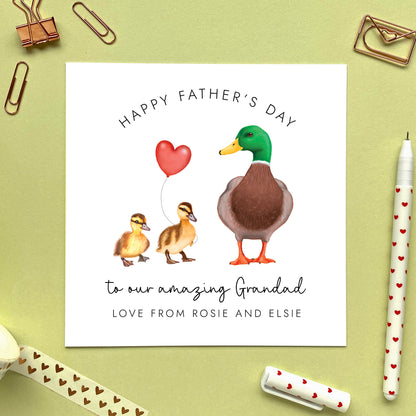 personalised duck father's day card - happy fathers day, for a special dad, daddy, dada, grandpa, grandad, stepdad - from baby, bump, toddler, child, children, kids, son, daughter, grandson, granddaughter - sentimental, cute, special, unique - twins, two children, two kids, son and daughter, sons, daughters, funny, mallard, duckling