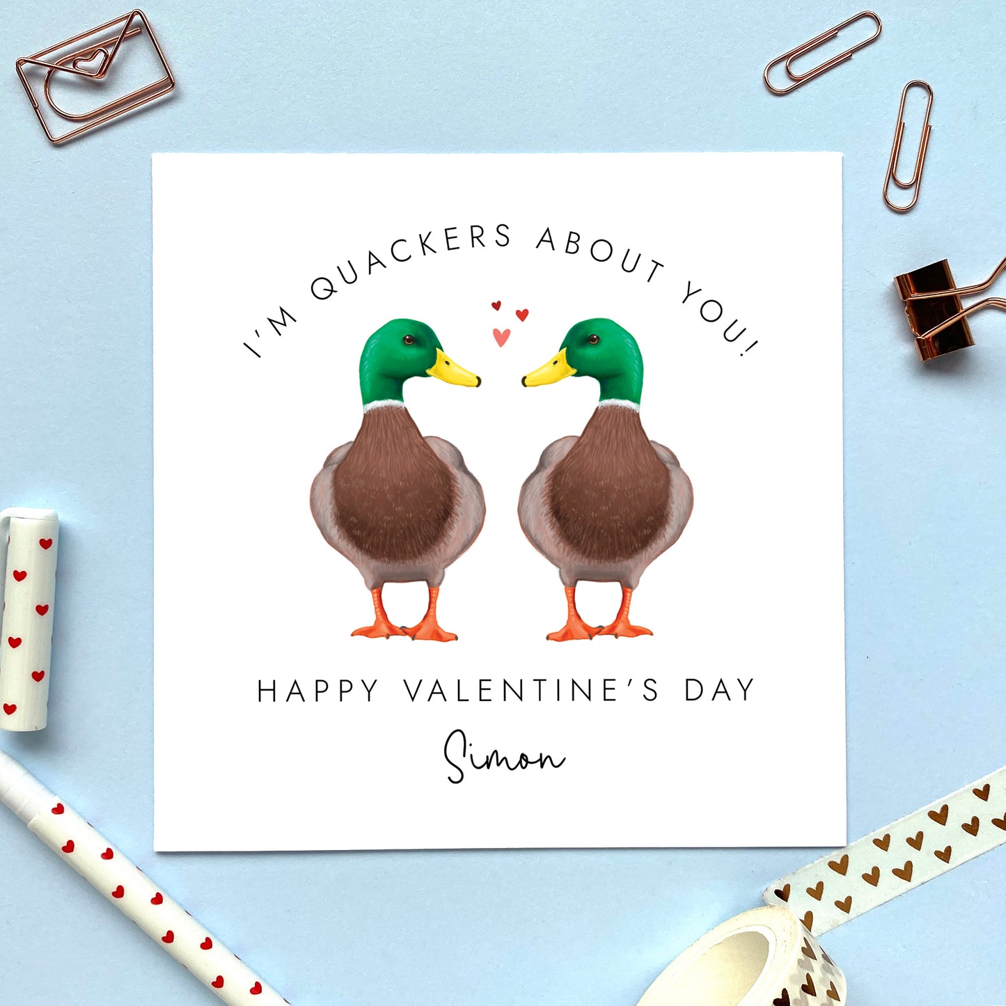 A funny Personalised Valentine's Day Card featuring a gay male mallard duck couple. It can be personalised with a name.