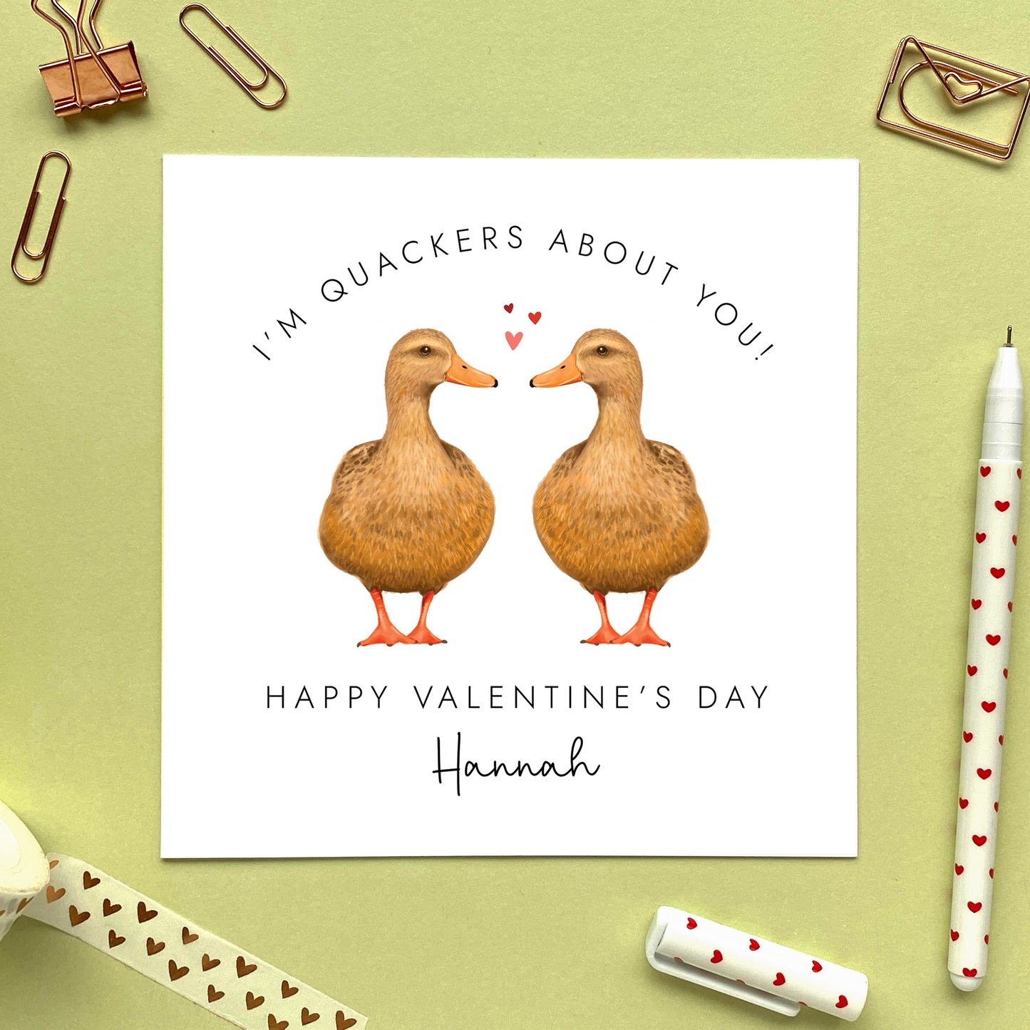 A funny Personalised Valentine's Day Card featuring a female mallard duck couple. It can be personalised with a name.