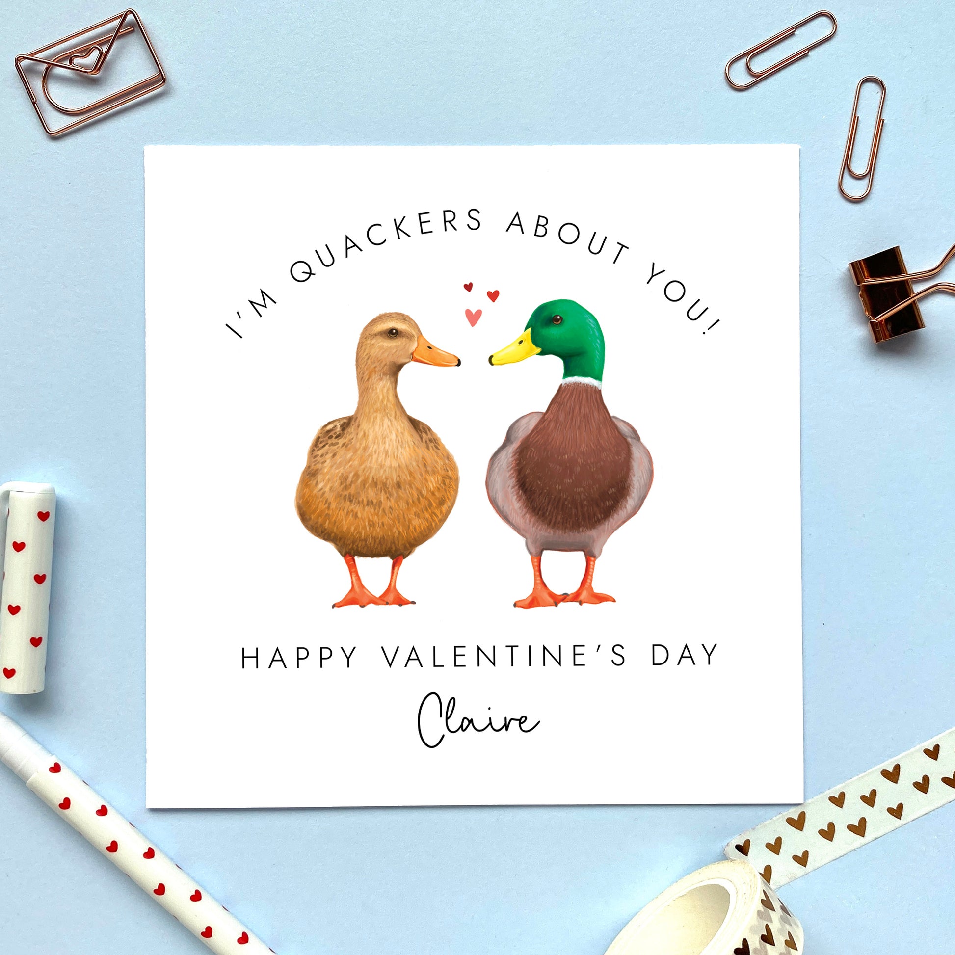 A funny Personalised Valentine's Day Card featuring a male and female mallard duck couple. It can be personalised with a name.