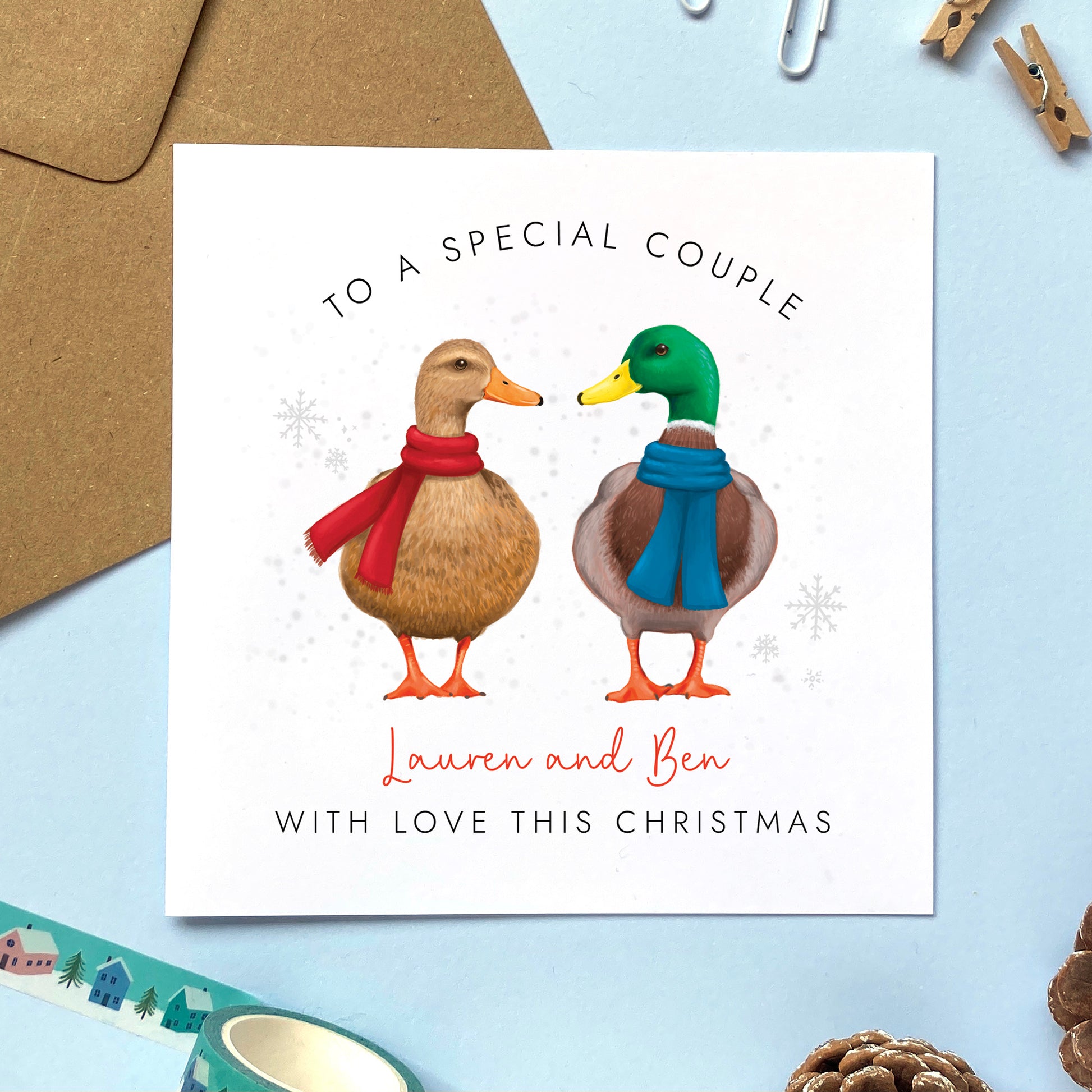 A personalised duck Christmas card for a special Couple. It can be personalised with the couple's names. It features a pair of mallard ducks, one male and one female. 