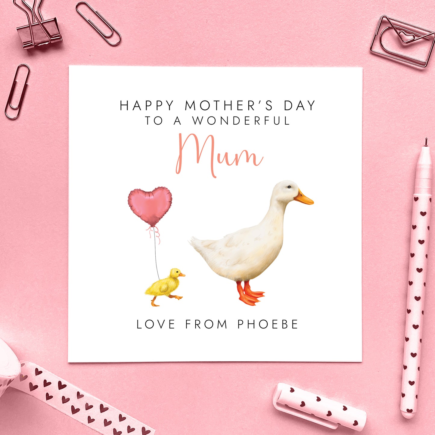 Personalised White Duck Mothers Day Card for Mum from child, baby