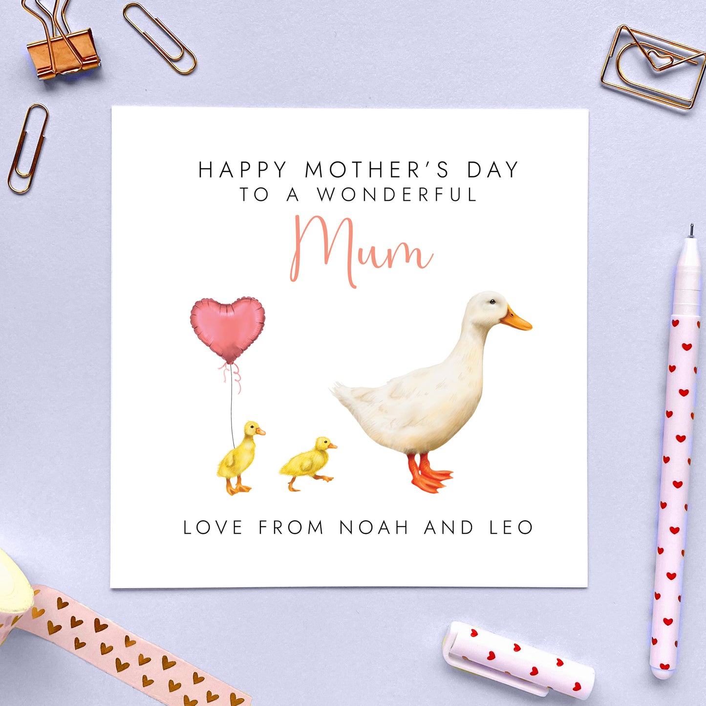 Personalised White Duck Mothers Day Card for Mum from two children or babies