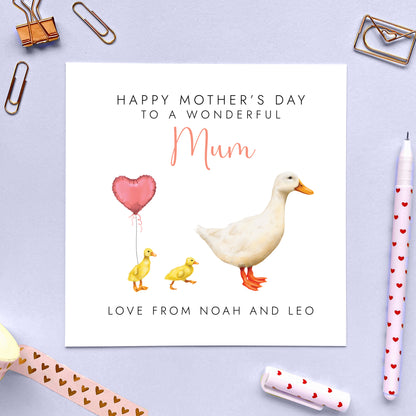 Personalised White Duck Mothers Day Card for Mum from two children or babies