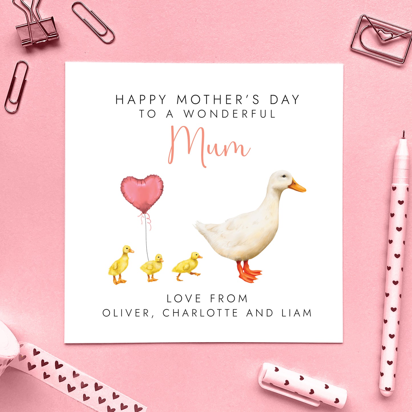 Personalised White Duck Mothers Day Card for Mum from three children or babies