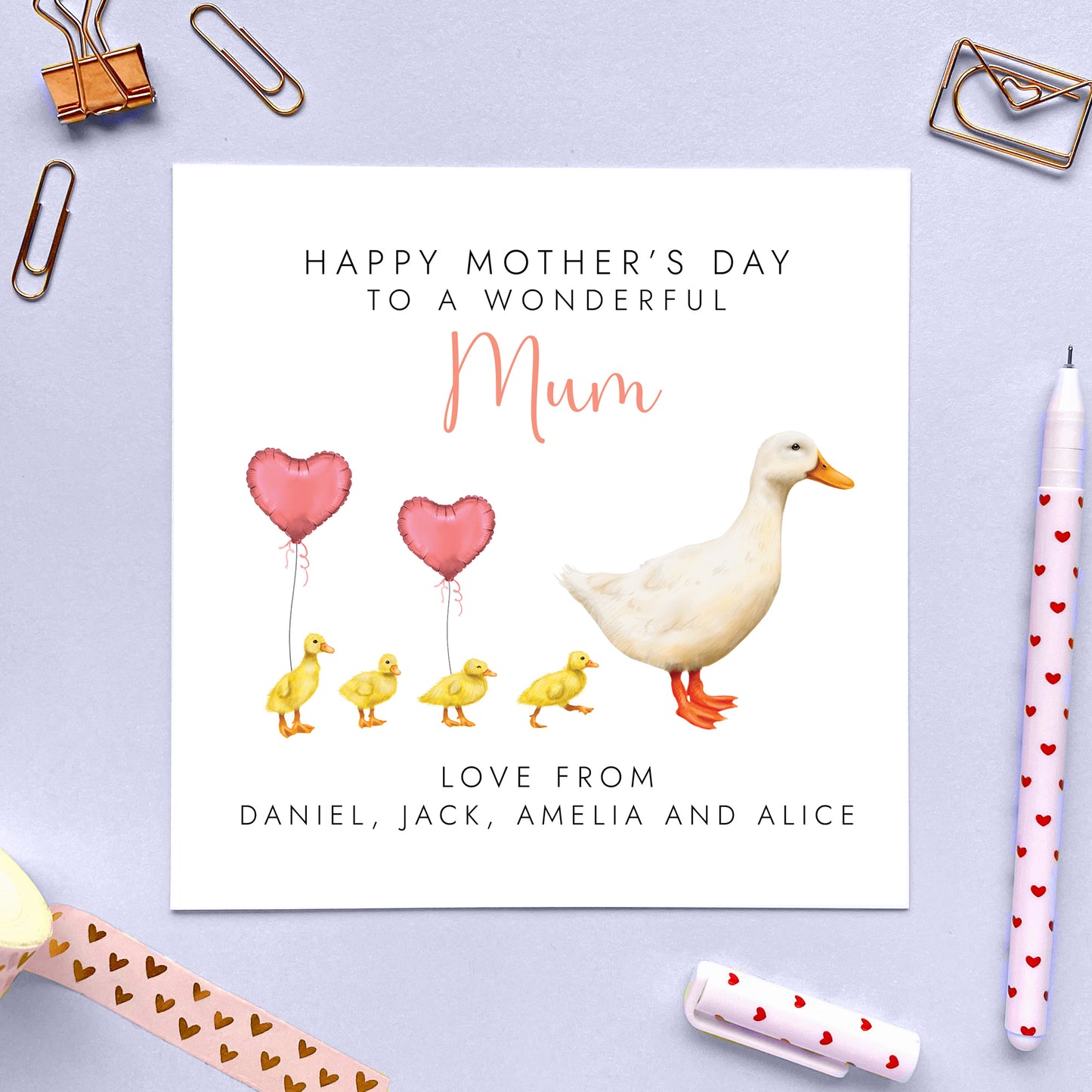 Personalised White Duck Mothers Day Card for Mum from four children or babies