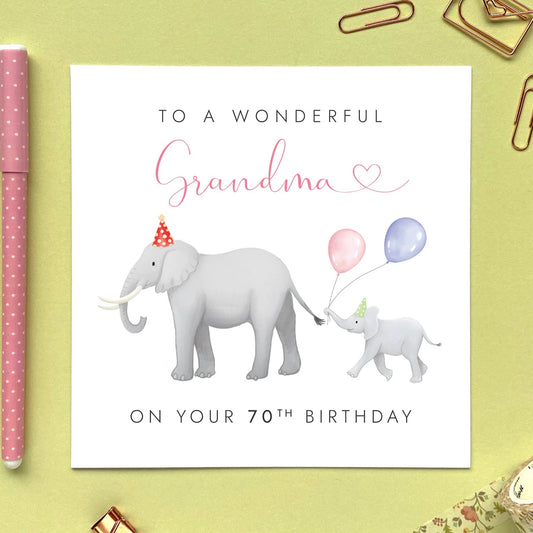 personalised elephants birthday card for grandma - grandmother, granny, gran, nanny, nana, nanna, nan, great grandmother, 50th 60th 70th 80th 90th 100th, from child, baby, grandson, granddaughter