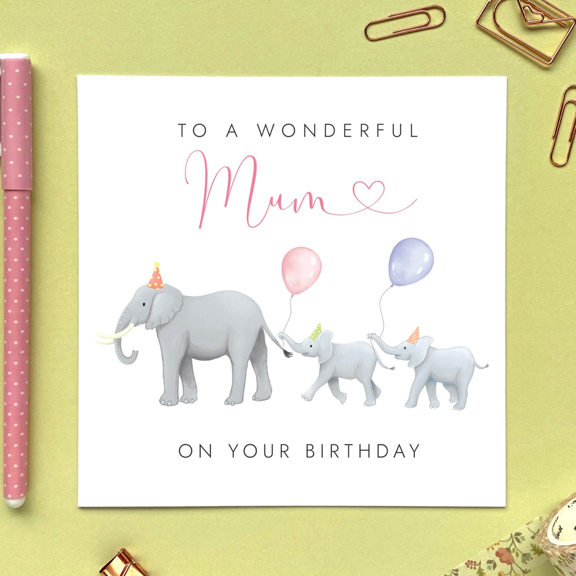 personalised elephants birthday card for mum - from two children, babies, twins, 2 kids, for mummy, mommy, mammy, mam, mother, 30th 40th 50th 60th