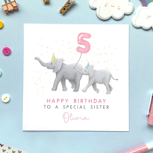 personalised elephant birthday card for sister - her, big sister, little sister, cute, pink - from brother - 1st, 2nd, 3rd, 4th, 5th, 6th, 7th, 8th, 9th, 10th, children, kids, baby