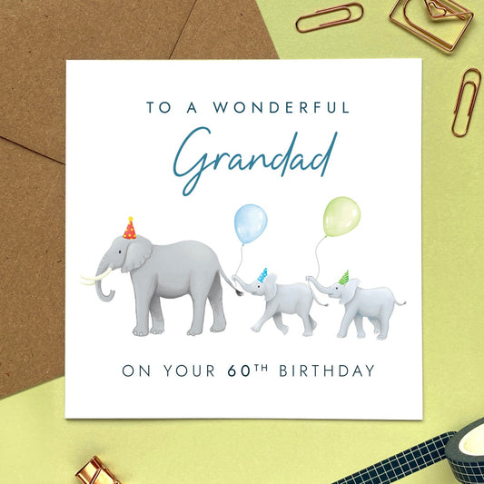 personalised elephants birthday card for grandad - from two children, twins, 2 kids, two babies, grandsons, granddaughters - for a special grandfather, grandpa, great grandad, great grandpa, granda - 50th 60th 70th 80th 90th 100th