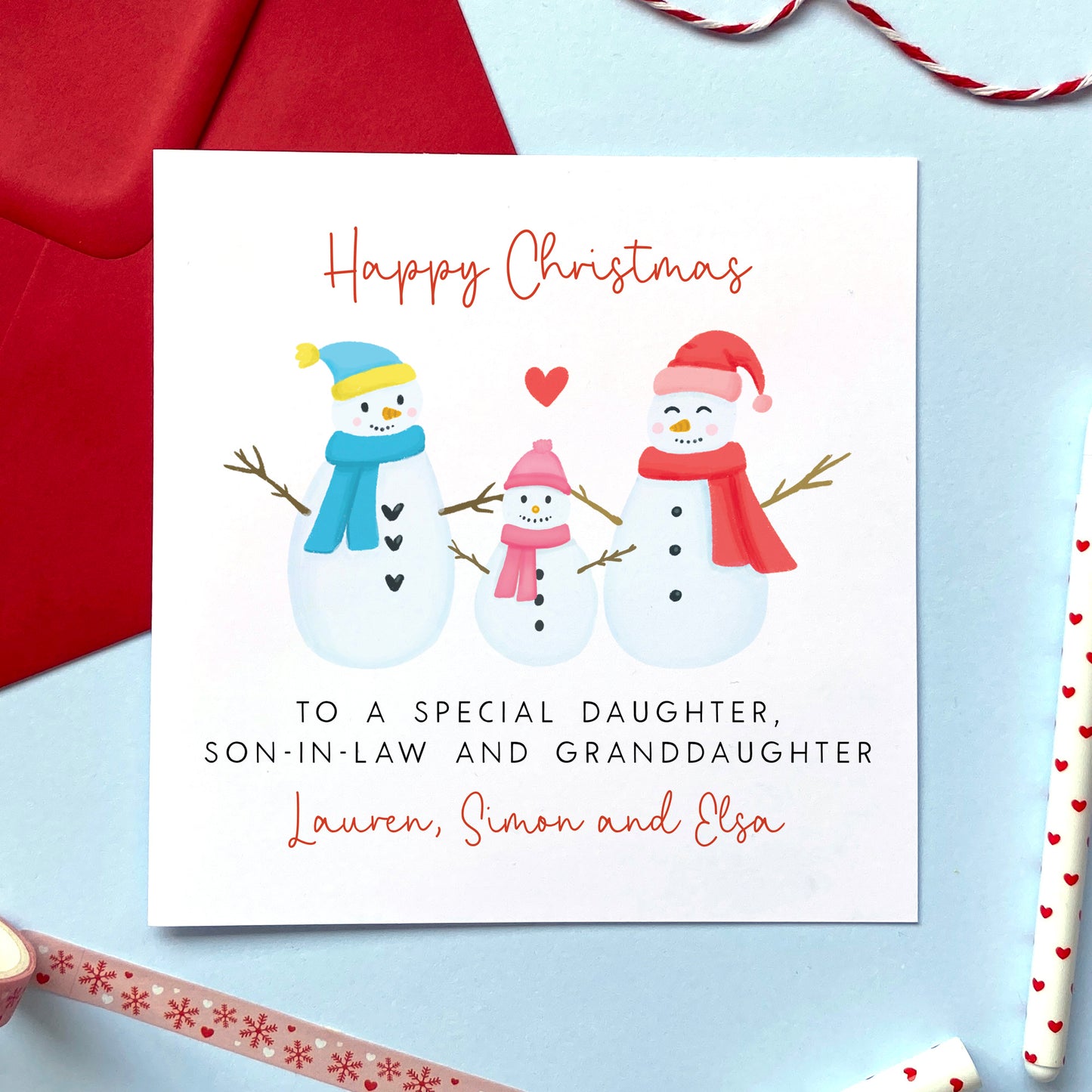 A personalised Christmas card for Daughter, Son-in-Law and Granddaughter.