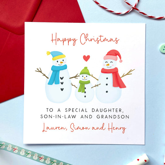 Snowmen Christmas Card for Daughter, Son-in-Law and Grandson