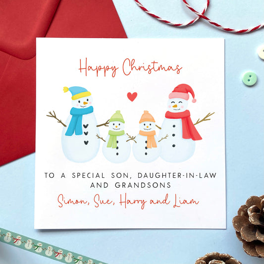 Snowmen Christmas Card for Son, Daughter-in-Law and Grandsons