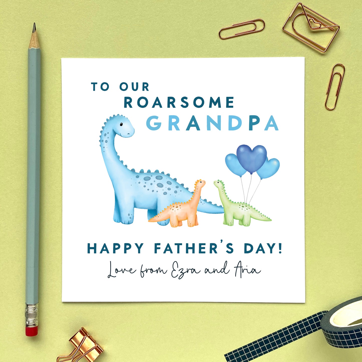 personalised dinosaur fathers day card - for daddy, dad, our daddy, twins, two babies, two kids, 2 children, sons, daughters, grandad, grandpa