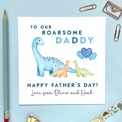 personalised dinosaur fathers day card - for daddy, dad, our daddy, twins, two babies, two kids, 2 children, sons, daughters, grandad, grandpa