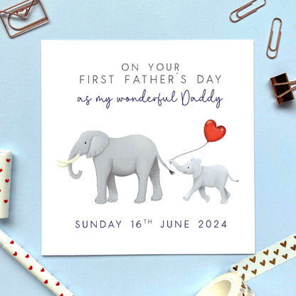 personalised elephant first father's day card - on your 1st fathers day - cute, special, unique - date - for him, husband, dad, daddy, dada, grandad, grandpa, stepdad - from son, daughter, baby, kids, children, child, bump, toddler