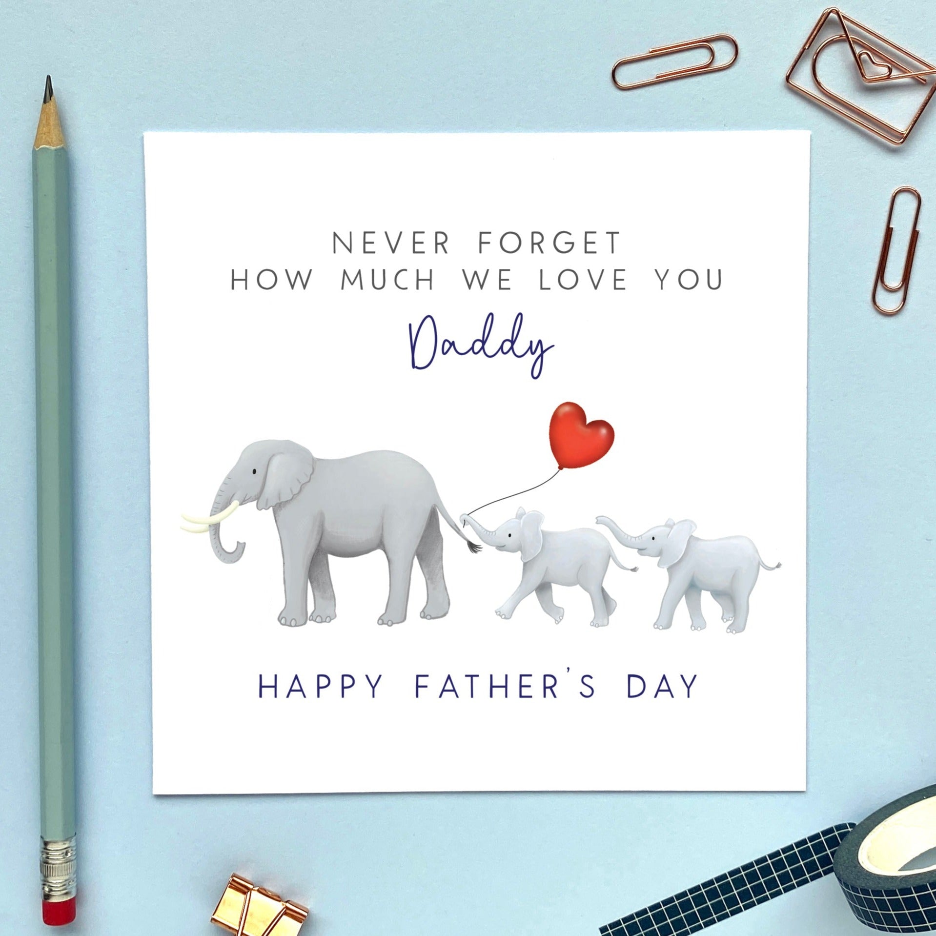 personalised elephant father's day card - happy fathers day, for a special dad, daddy, dada, grandpa, grandad, stepdad - never forget how much I love you - from baby, bump, toddler, child, children, kids, son, daughter, grandson, granddaughter - sentimental, cute, special, unique - twins, two children, two kids, son and daughter, sons, daughters