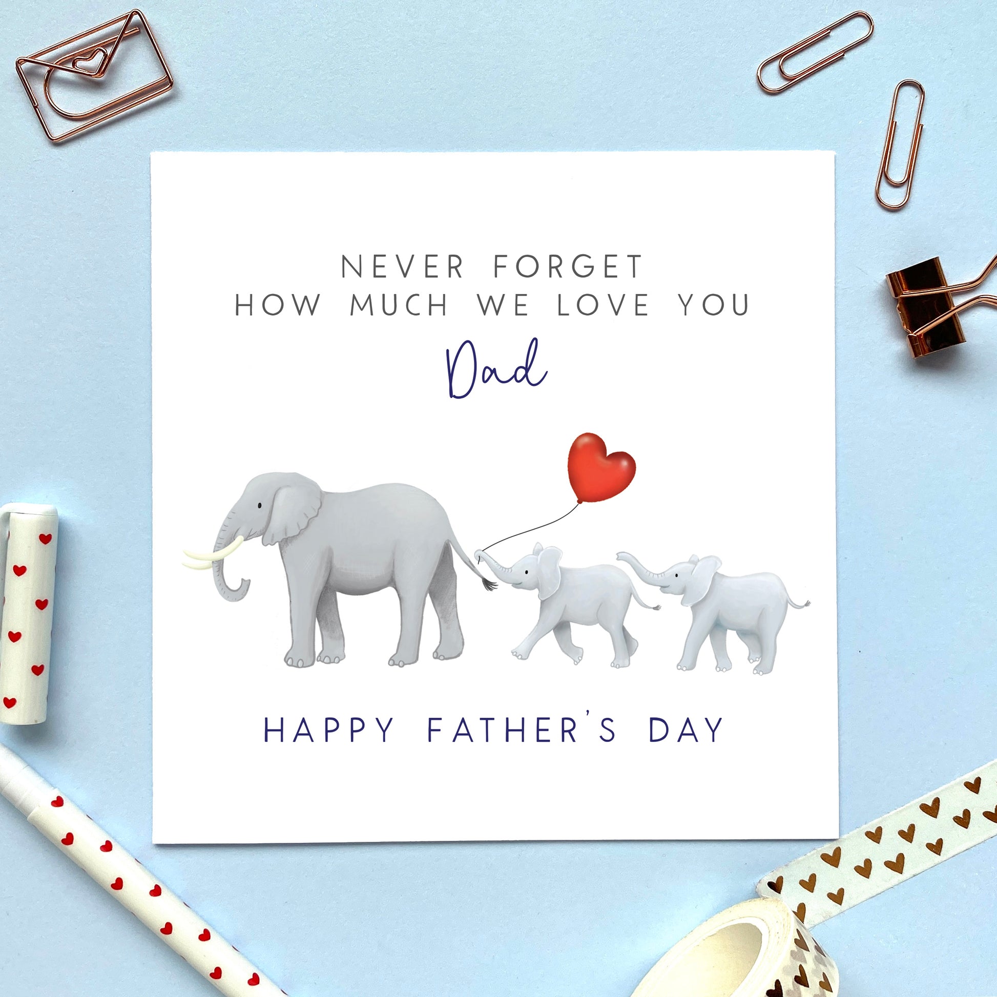 personalised elephant father's day card - happy fathers day, for a special dad, daddy, dada, grandpa, grandad, stepdad - never forget how much I love you - from baby, bump, toddler, child, children, kids, son, daughter, grandson, granddaughter - sentimental, cute, special, unique - twins, two children, two kids, son and daughter, sons, daughters