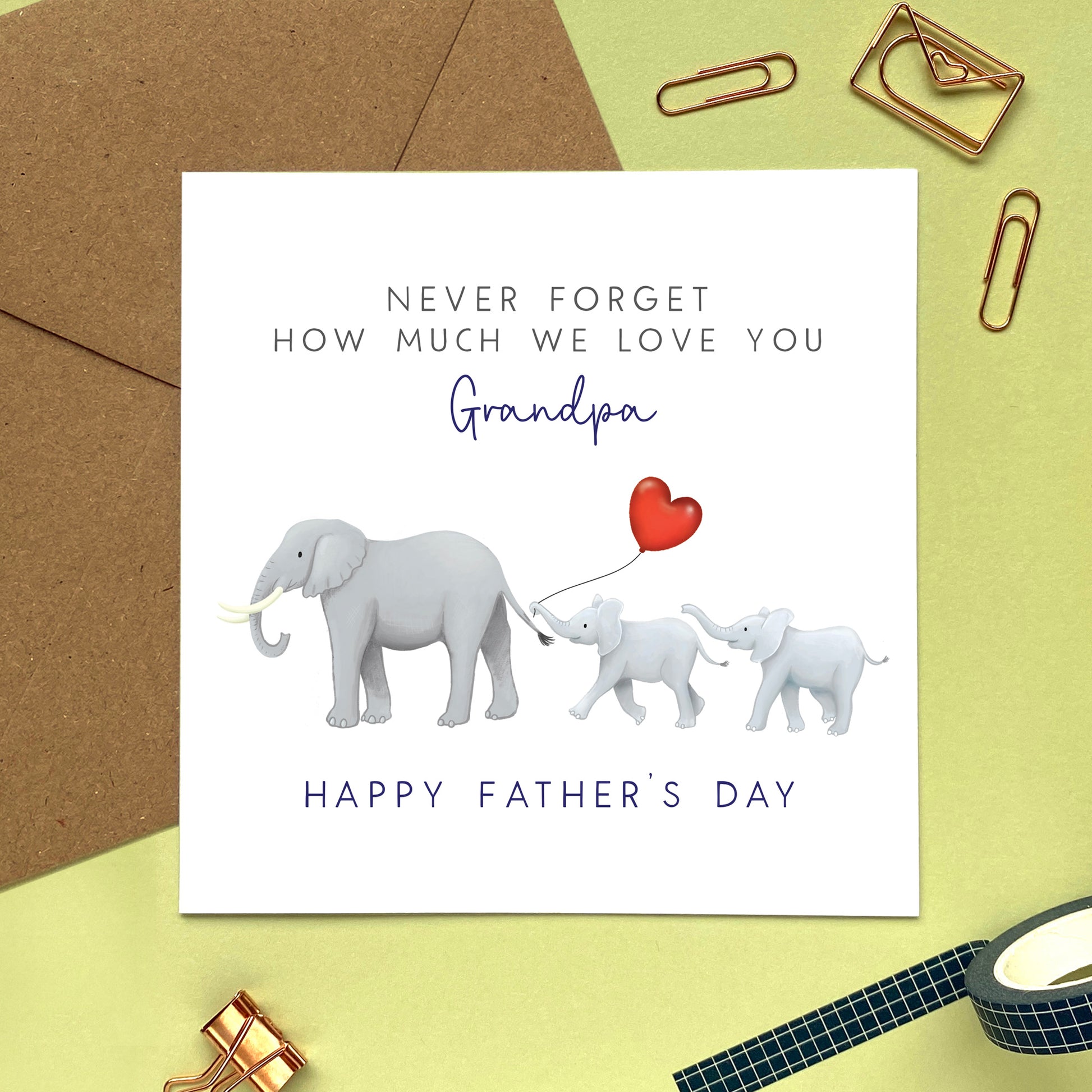 personalised elephant father's day card - happy fathers day, for a special dad, daddy, dada, grandpa, grandad, stepdad - never forget how much I love you - from baby, bump, toddler, child, children, kids, son, daughter, grandson, granddaughter - sentimental, cute, special, unique - twins, two children, two kids, son and daughter, sons, daughters