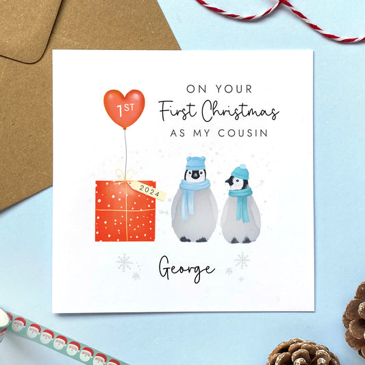 Personalised 1st Christmas as My Cousin Penguins Card