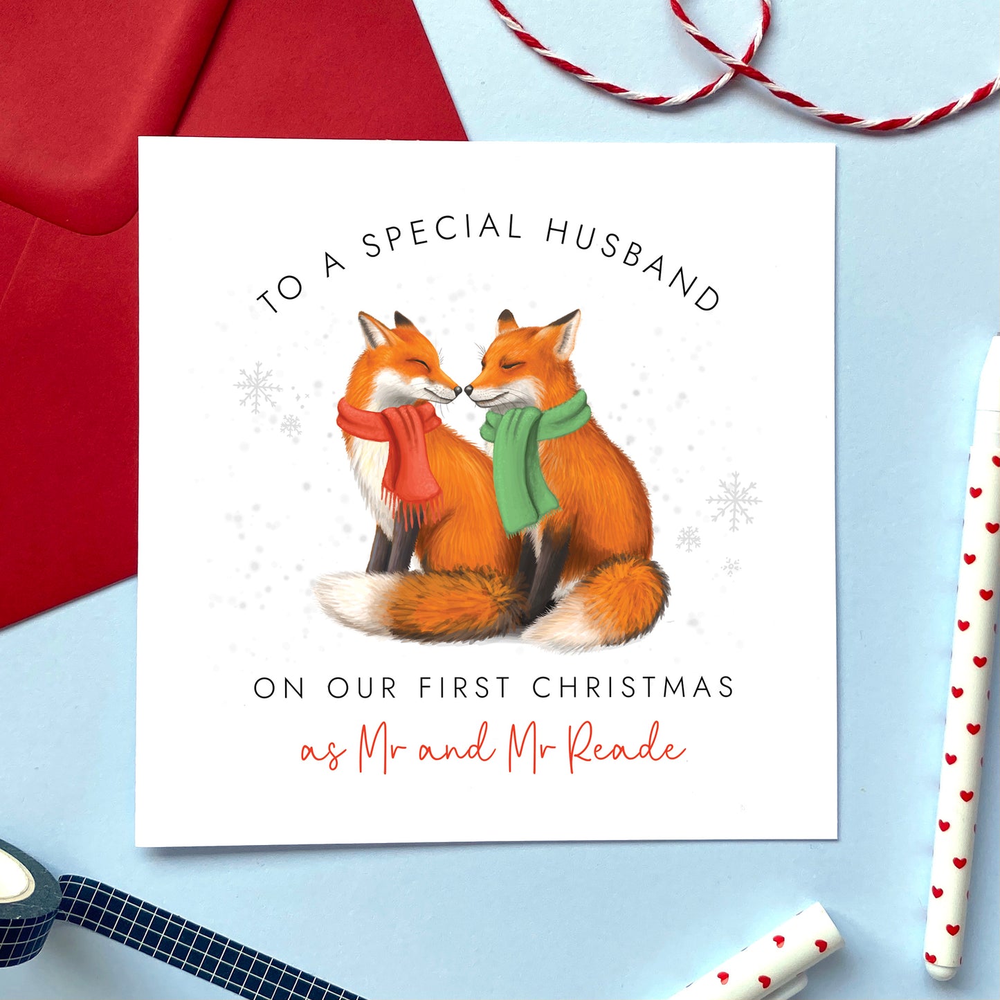 Personalised Foxes Our First Christmas as Mr and Mr Card