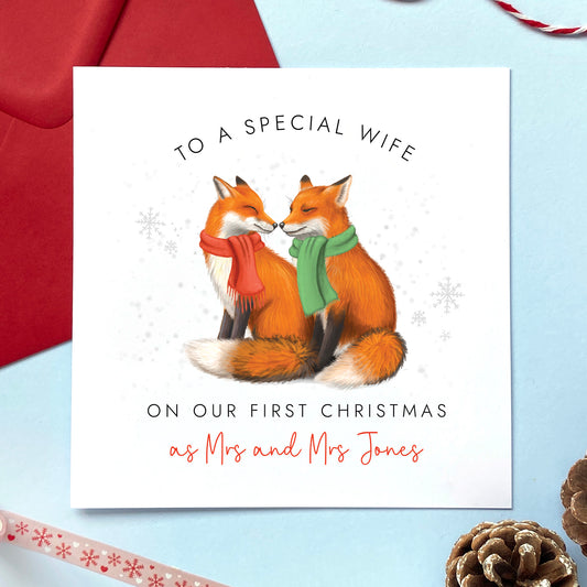 Personalised Foxes Our First Christmas as Mrs and Mrs Card