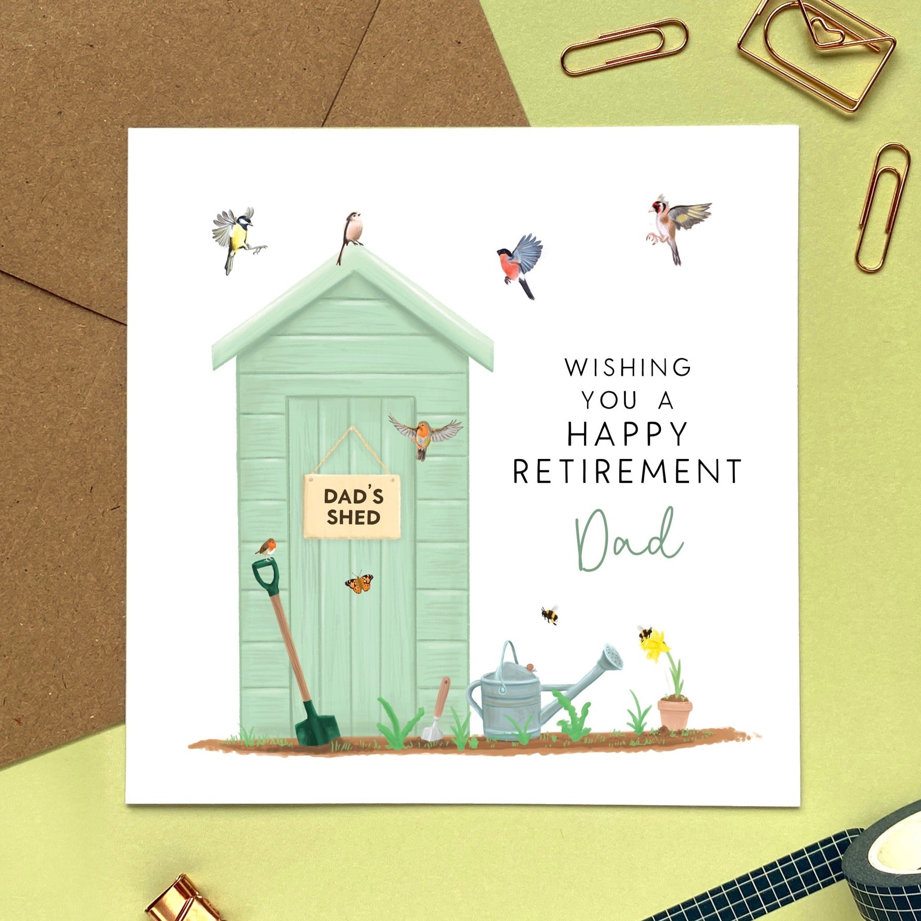 personalised garden shed retirement card for him - man, men, male, coworker, colleague, boss, leaving, retiring, goodbye, good luck, sorry to see you go, retirement card for man, dad, grandad, grandpa , retirement card for dad, father, grandfather