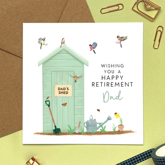 personalised garden shed retirement card for him - man, men, male, coworker, colleague, boss, leaving, retiring, goodbye, good luck, sorry to see you go, retirement card for man, dad, grandad, grandpa , retirement card for dad, father, grandfather