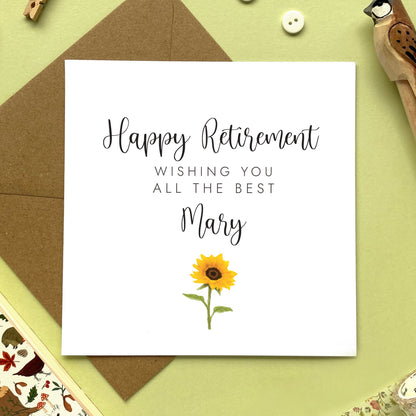 personalised sunflower retirement card for her - lady, female, woman, women, coworker, colleague, boss, leaving to retire, good luck, goodbye, elderly lady