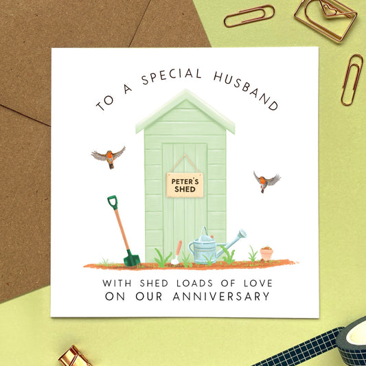 personalised garden shed anniversary card for husband - him, men, man, male, partner, fiancee, boyfriend, gardening, special, romantic, cute