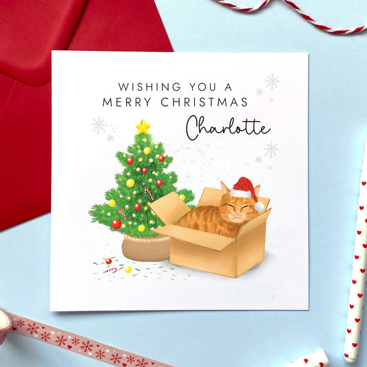 A personalised Christmas card featuring a ginger tabby cat in a box wearing a santa hat next to a christmas tree. It can be personalised with a name, and is suitable for a range of relations such as Wife, Girlfriend, Daughter, Granddaughter, Niece and Mum.