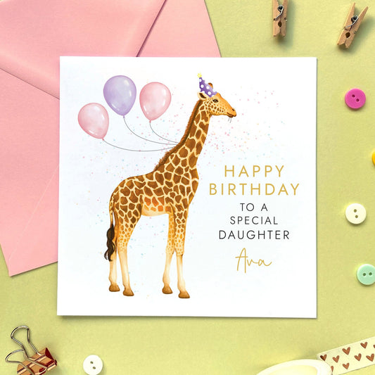 A personalised birthday card for girl featuring a giraffe. It can be personalised with a name and any age. The card in the photo is a birthday card for Daughter.