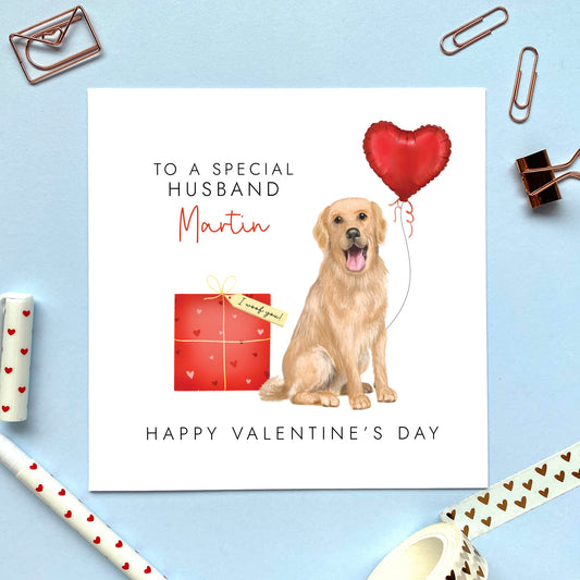 A personalised dog valentine's day card featuring a golden retriever.