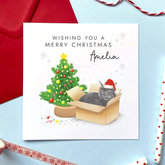 A personalised Christmas card featuring a grey cat in a box wearing a santa hat next to a christmas tree. It can be personalised with a name, and is suitable for a range of relations such as Wife, Girlfriend, Daughter, Granddaughter, Niece and Mum.