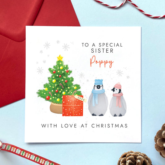 Personalised Penguins Christmas Card for Sister