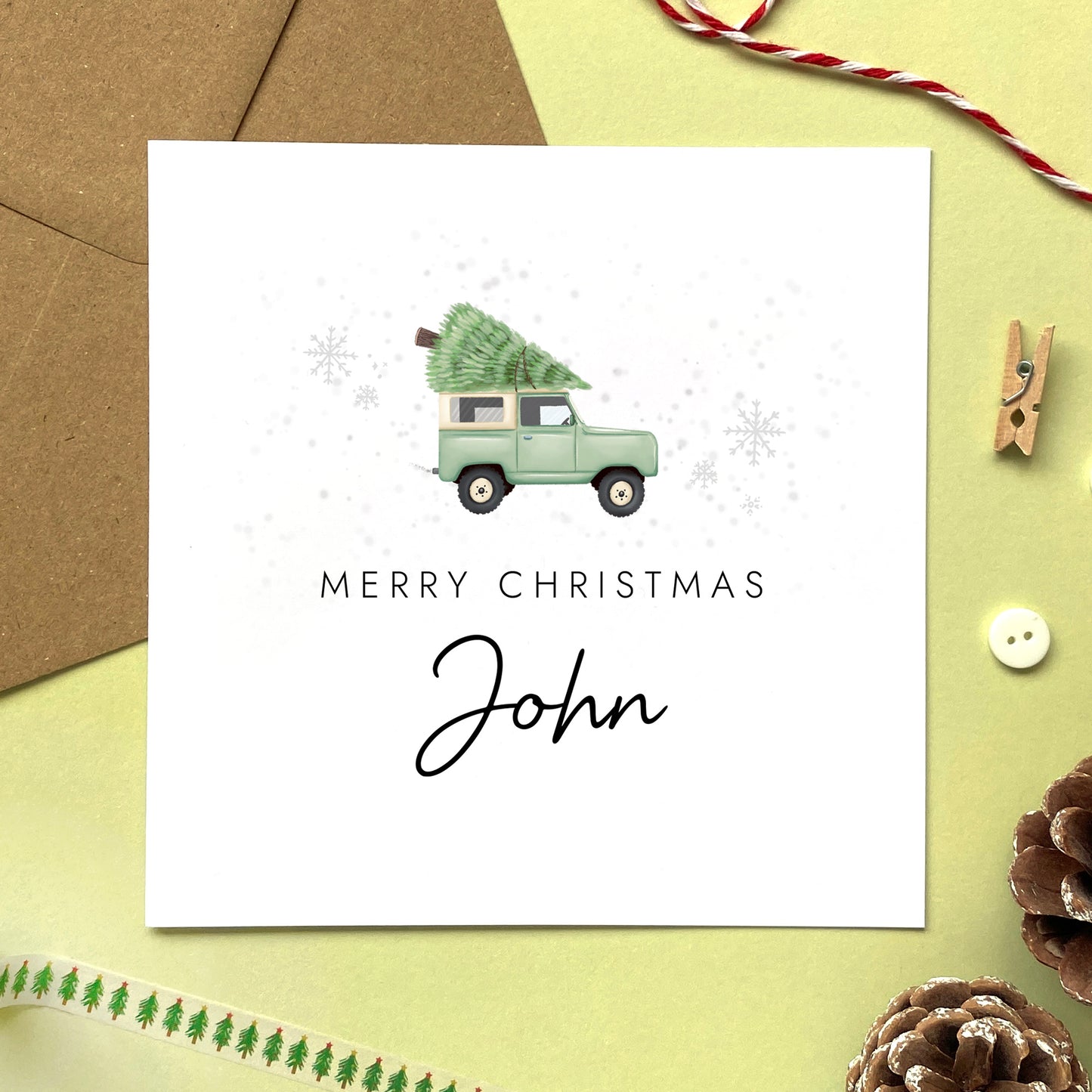 A personalised Christmas card featuring a green 4x4 car. It can be personalised with any man's name or a male relation such as Husband, Son, Grandson, Boyfriend, Nephew, Uncle and Dad.