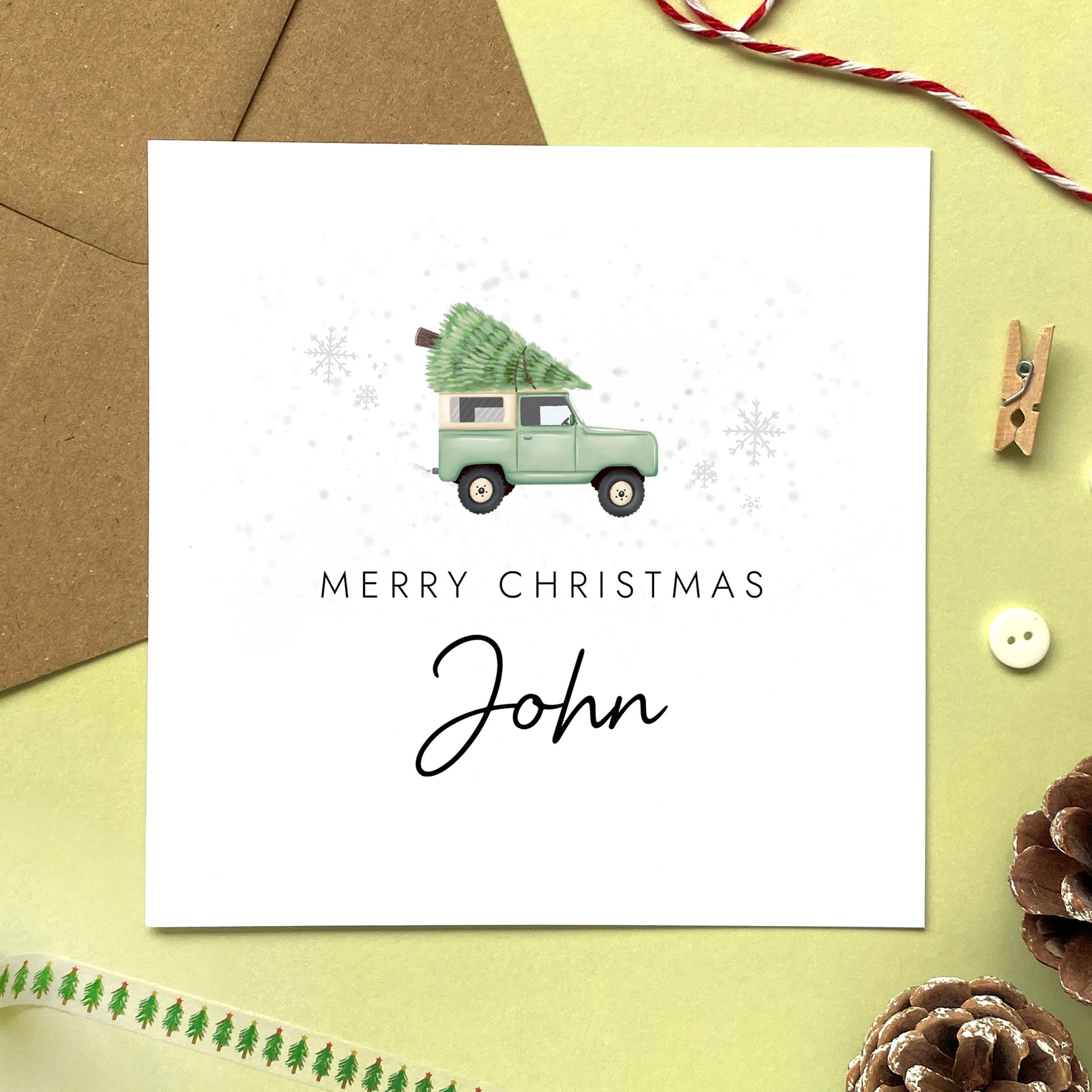 A personalised Christmas card featuring a green 4x4 car. It can be personalised with any man's name or a male relation such as Husband, Son, Grandson, Boyfriend, Nephew, Uncle and Dad.