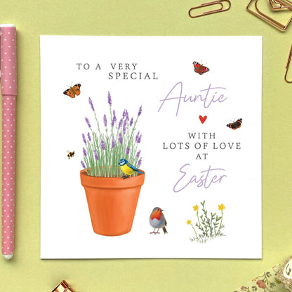 personalised lavender easter card - to a special mum - mom, mam, mummy, mommy, mama - grandma, granny, gran, nan, nana, nanny, grandmother, great granny - auntie, aunty, aunt, friends family, easter wishes, sister - flowers, spring, springtime, floral, pretty, bumblebee, butterfly, garden