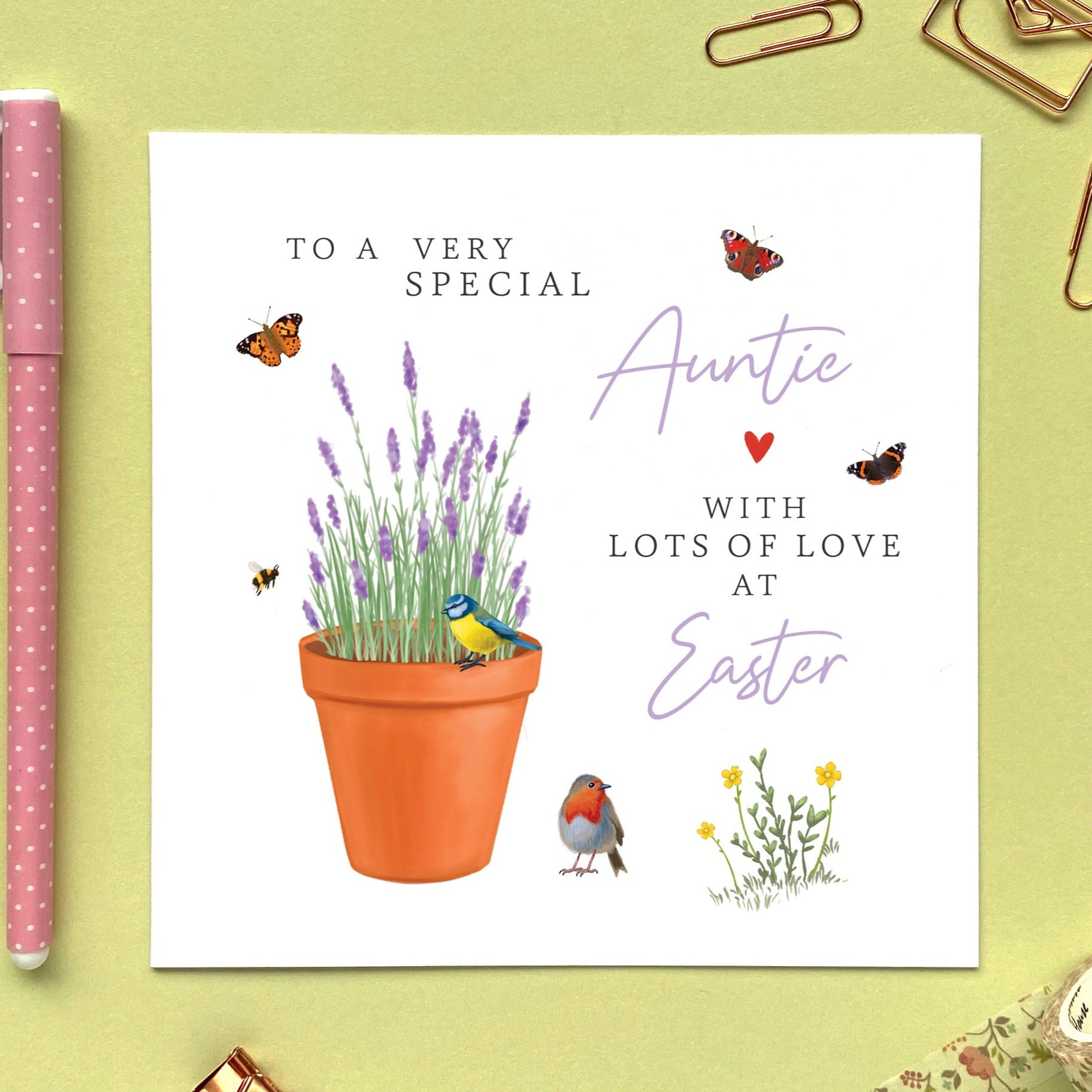 personalised lavender easter card - to a special mum - mom, mam, mummy, mommy, mama - grandma, granny, gran, nan, nana, nanny, grandmother, great granny - auntie, aunty, aunt, friends family, easter wishes, sister - flowers, spring, springtime, floral, pretty, bumblebee, butterfly, garden