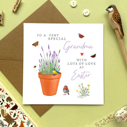 personalised lavender easter card - to a special mum - mom, mam, mummy, mommy, mama - grandma, granny, gran, nan, nana, nanny, grandmother, great granny - auntie, aunty, aunt, friends family, easter wishes, sister - flowers, spring, springtime, floral, pretty, bumblebee, butterfly, garden