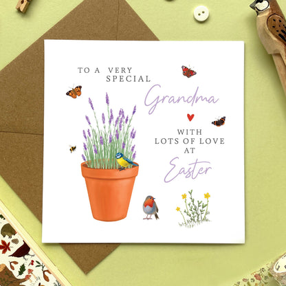 personalised lavender easter card - to a special mum - mom, mam, mummy, mommy, mama - grandma, granny, gran, nan, nana, nanny, grandmother, great granny - auntie, aunty, aunt, friends family, easter wishes, sister - flowers, spring, springtime, floral, pretty, bumblebee, butterfly, garden