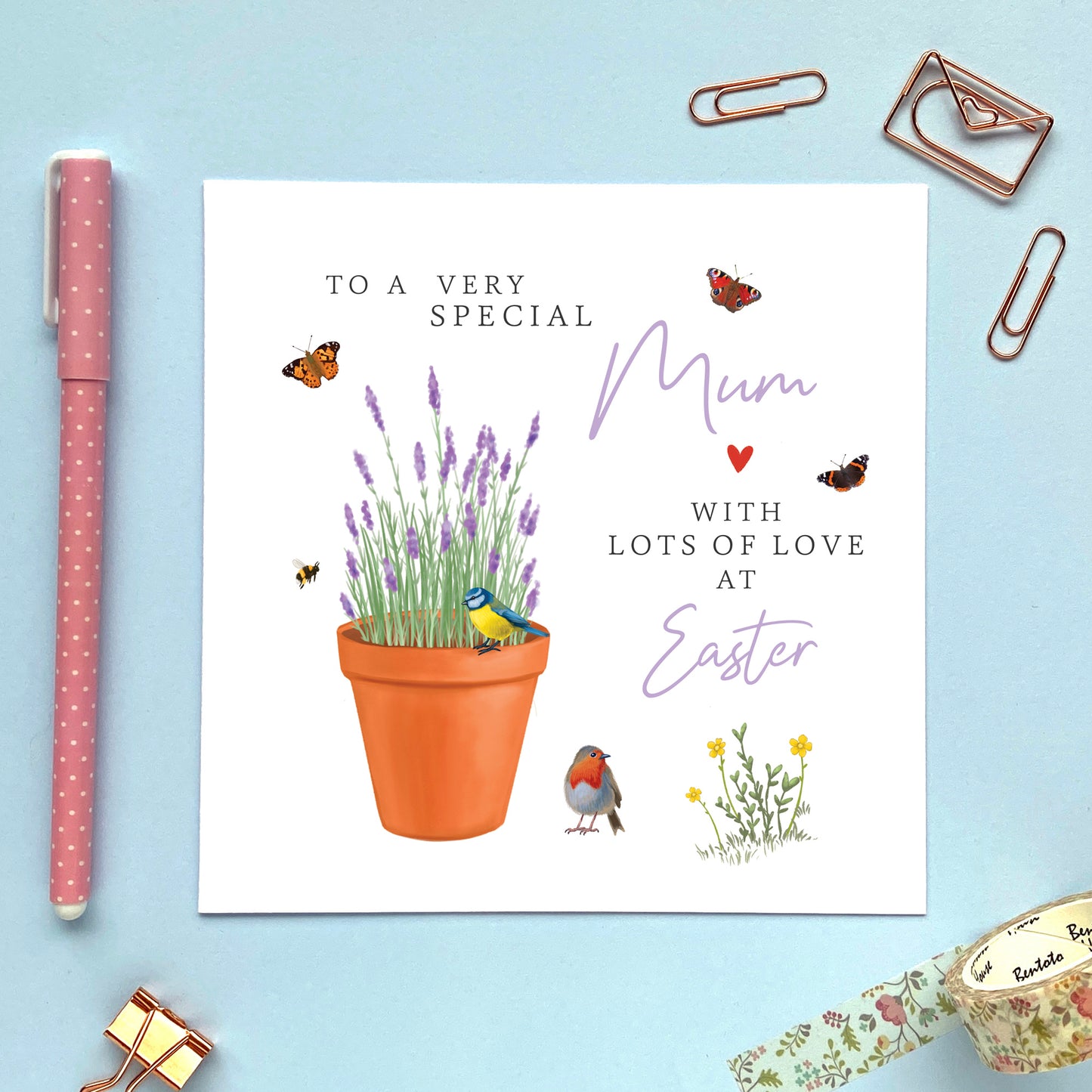 personalised lavender easter card - to a special mum - mom, mam, mummy, mommy, mama - grandma, granny, gran, nan, nana, nanny, grandmother, great granny - auntie, aunty, aunt, friends family, easter wishes, sister - flowers, spring, springtime, floral, pretty, bumblebee, butterfly, garden