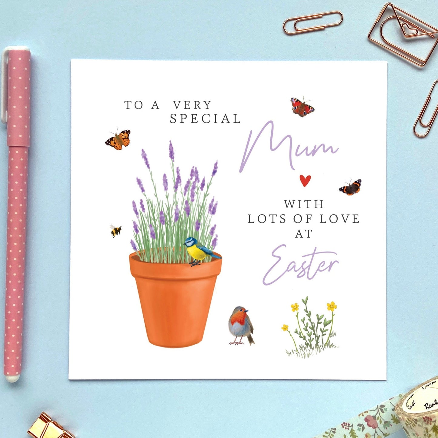 personalised lavender easter card - to a special mum - mom, mam, mummy, mommy, mama - grandma, granny, gran, nan, nana, nanny, grandmother, great granny - auntie, aunty, aunt, friends family, easter wishes, sister - flowers, spring, springtime, floral, pretty, bumblebee, butterfly, garden