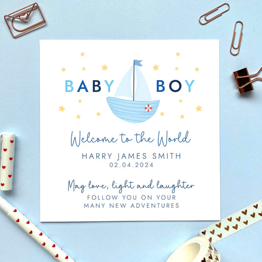 Personalised Nautical Boat New Baby Boy Card