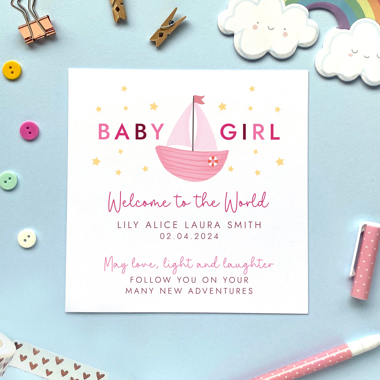 Personalised Nautical Boat New Baby Girl Card