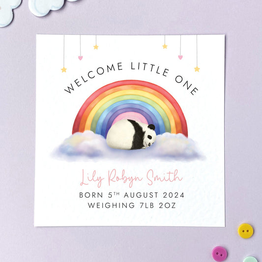 A personalised New Baby Card for Girl. It features a sleeping baby panda under a rainbow and can be personalised with the baby's name, date of birth and weight.