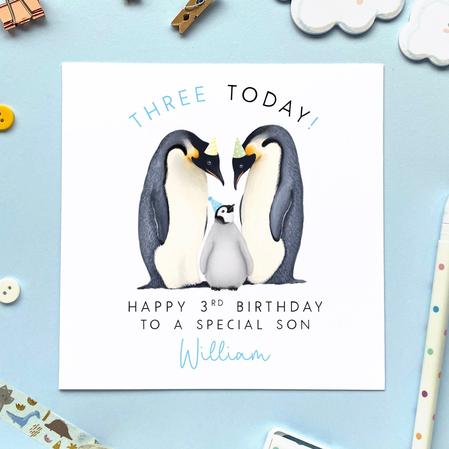 personalised penguin 3rd birthday card for boy - for son, grandson, nephew, from mum and dad, parents - third birthday card - blue