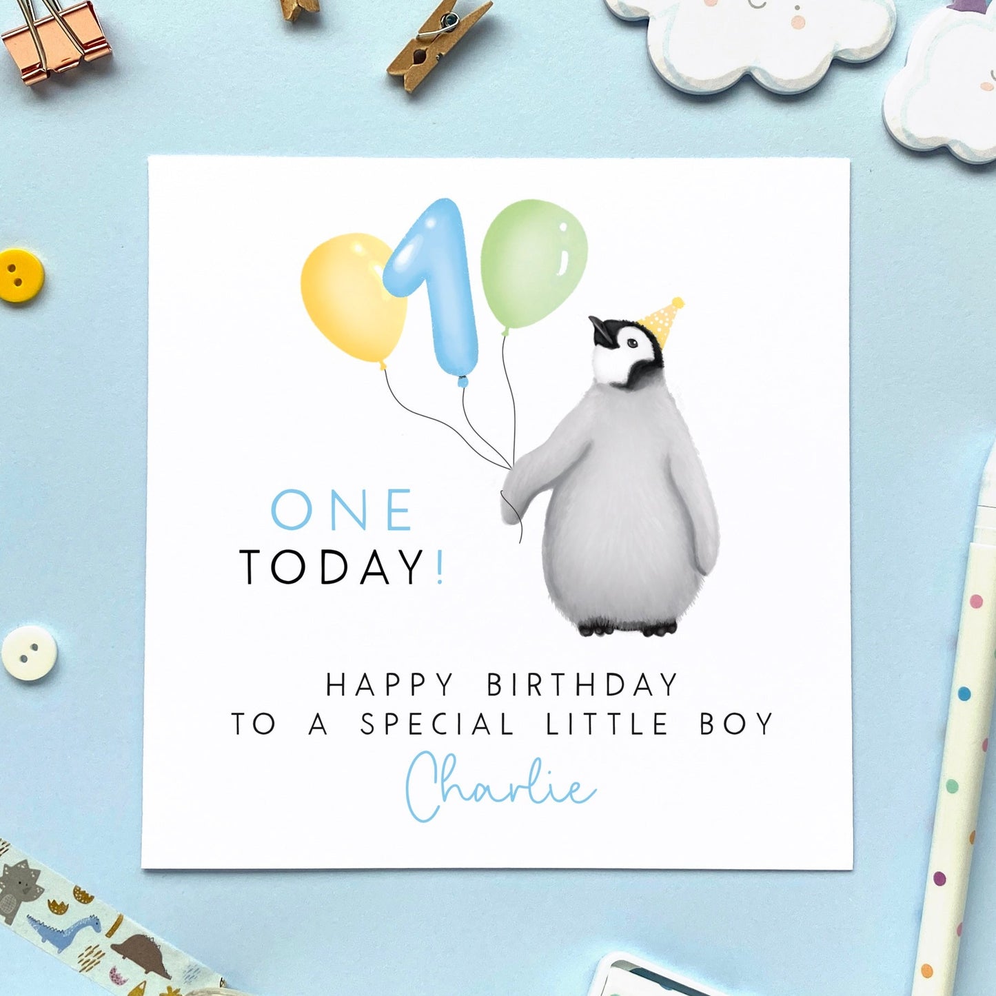 personalised baby penguin birthday card for son grandson nephew brother boy godson 1st 2nd 3rd